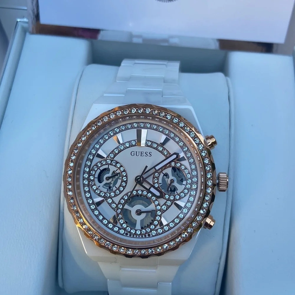 New GUESS Rose Gold-Tone and White Ceramic Multifunction Watch